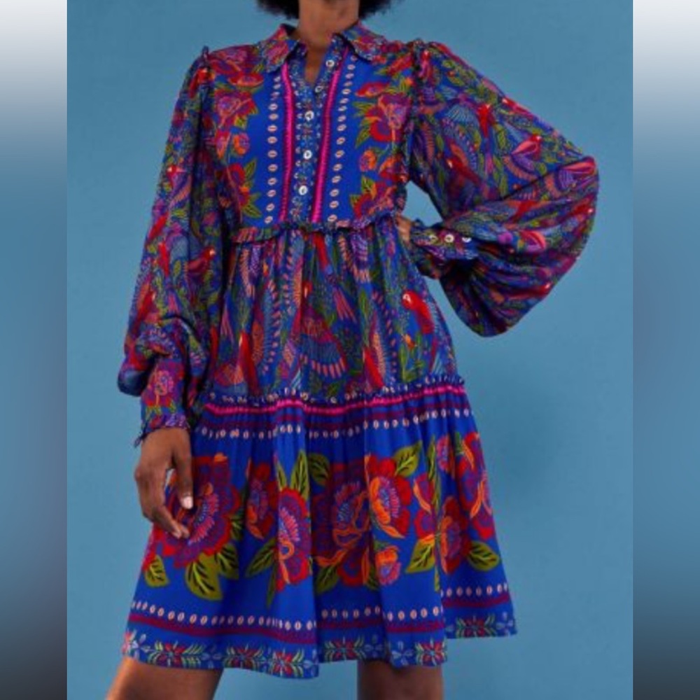FARM Rio Blue Macaw Flight Long Sleeve Mini Dress